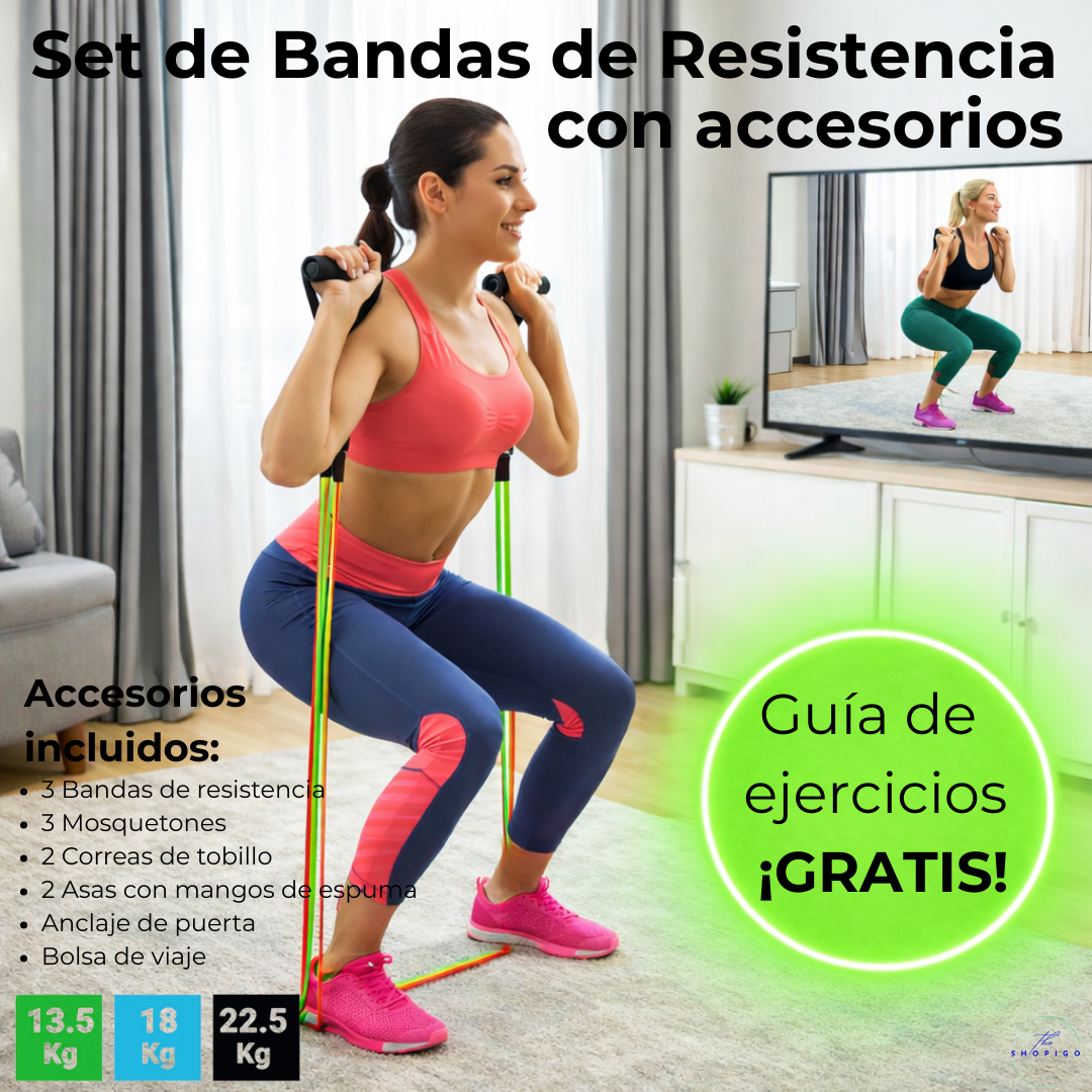 Set de Bandas de Resistencia con Accesorios + Guía de Ejercicios ¡GRATIS!