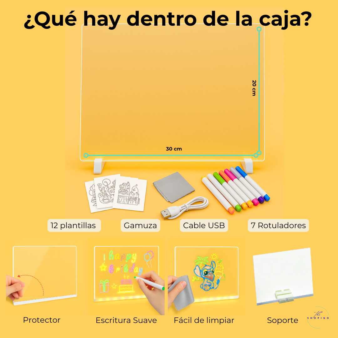 Pizarra led - Incluye 7 rotuladores + 12 plantillas de regalo
